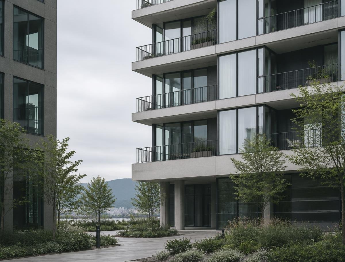 Exterior de edifício contemporâneo com zonas comuns cuidadas